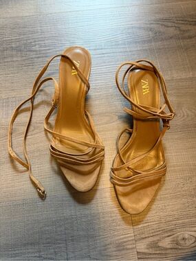 Zara Tan Strappy Ankle-Tie Kitten Heels